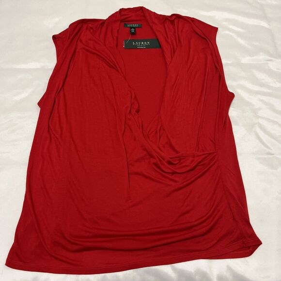 Lauren Ralph Lauren Surplice Top 3X Red Ruched Stretch Sleeveless Blouse Tunic - Picture 6 of 11